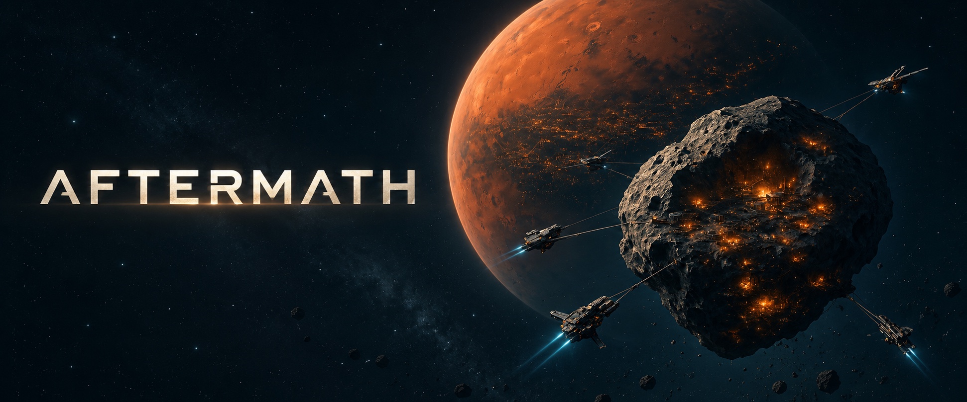 Aftermath: spacecraft haul an illuminated industrial asteroid on towing cables toward the Mars colony.