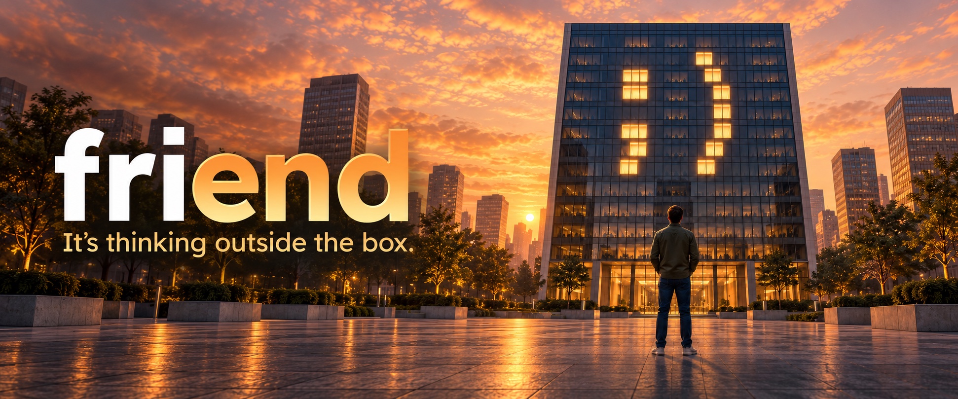 Friend — It’s thinking outside the box. A lone figure faces a glass tower whose illuminated windows form a friendly face at sunset.