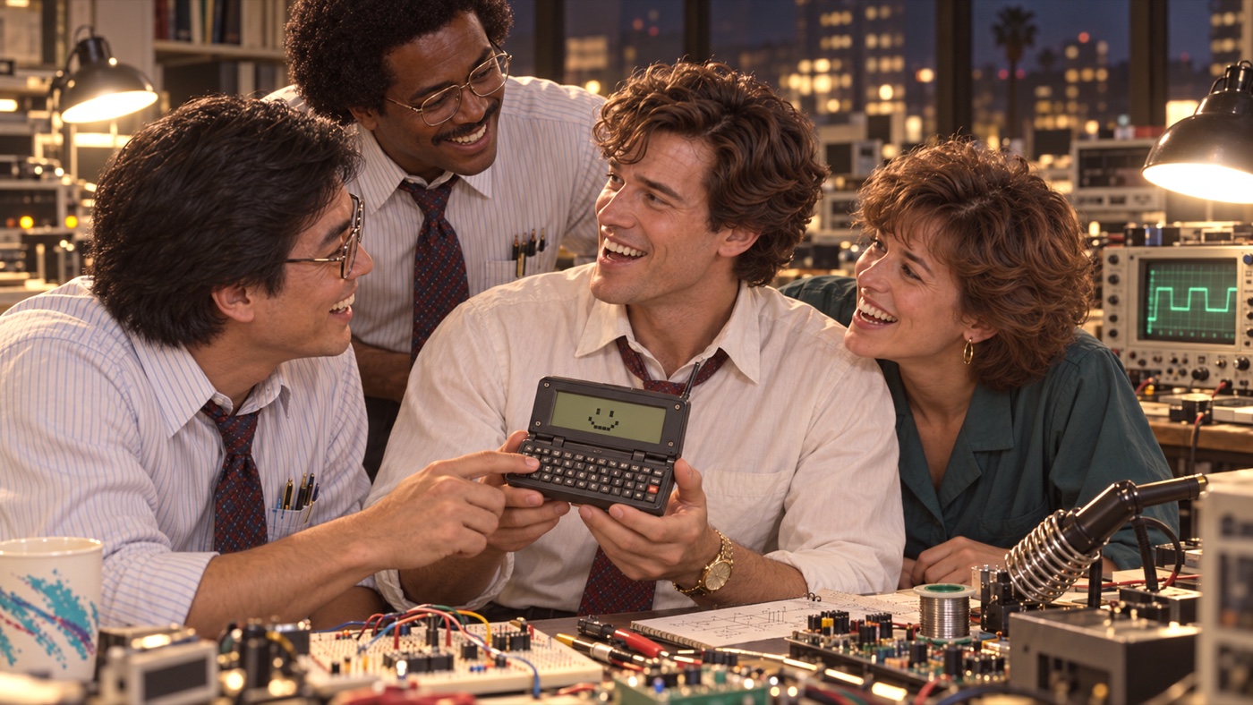 Engineers celebrate a pocket computer displaying a smiling face.