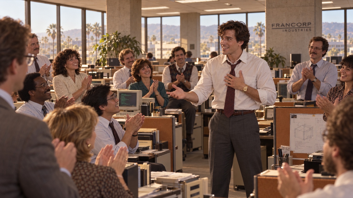 Henry thanks his applauding team in the Francorp office.