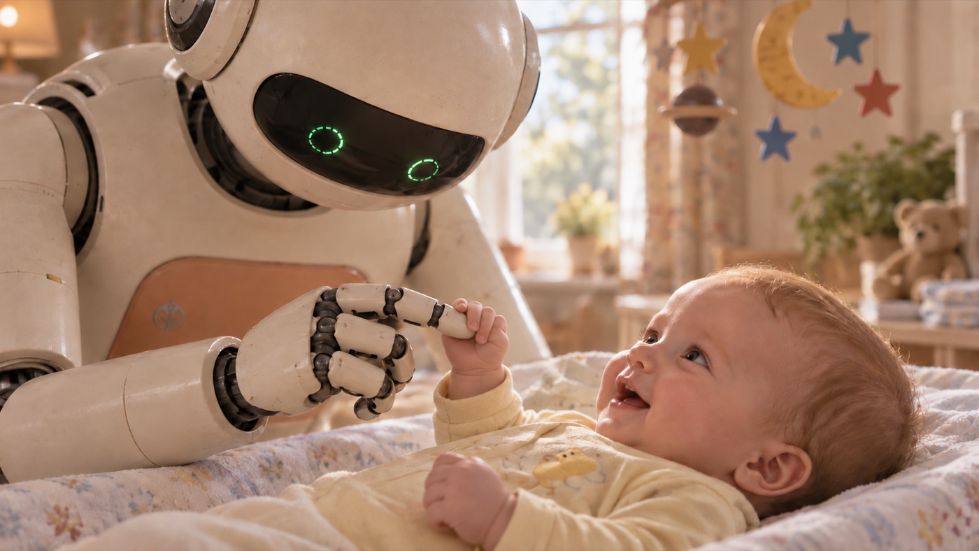 A nanny robot gently holds a baby’s hand in a sunlit nursery.