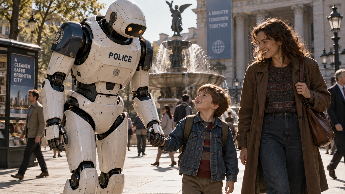 A child holds hands with a police robot while walking with his mother.