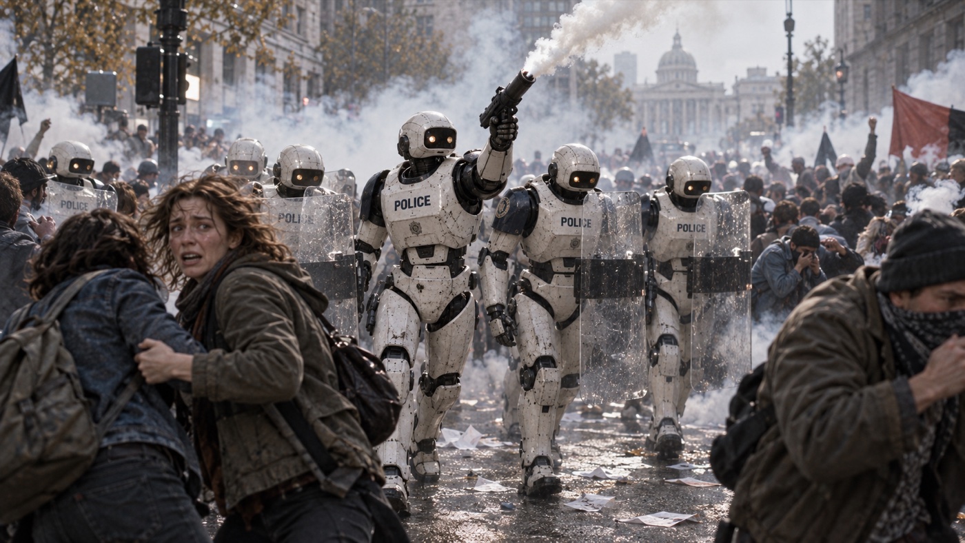 Police robots confront a crowd on a smoke-filled city street.