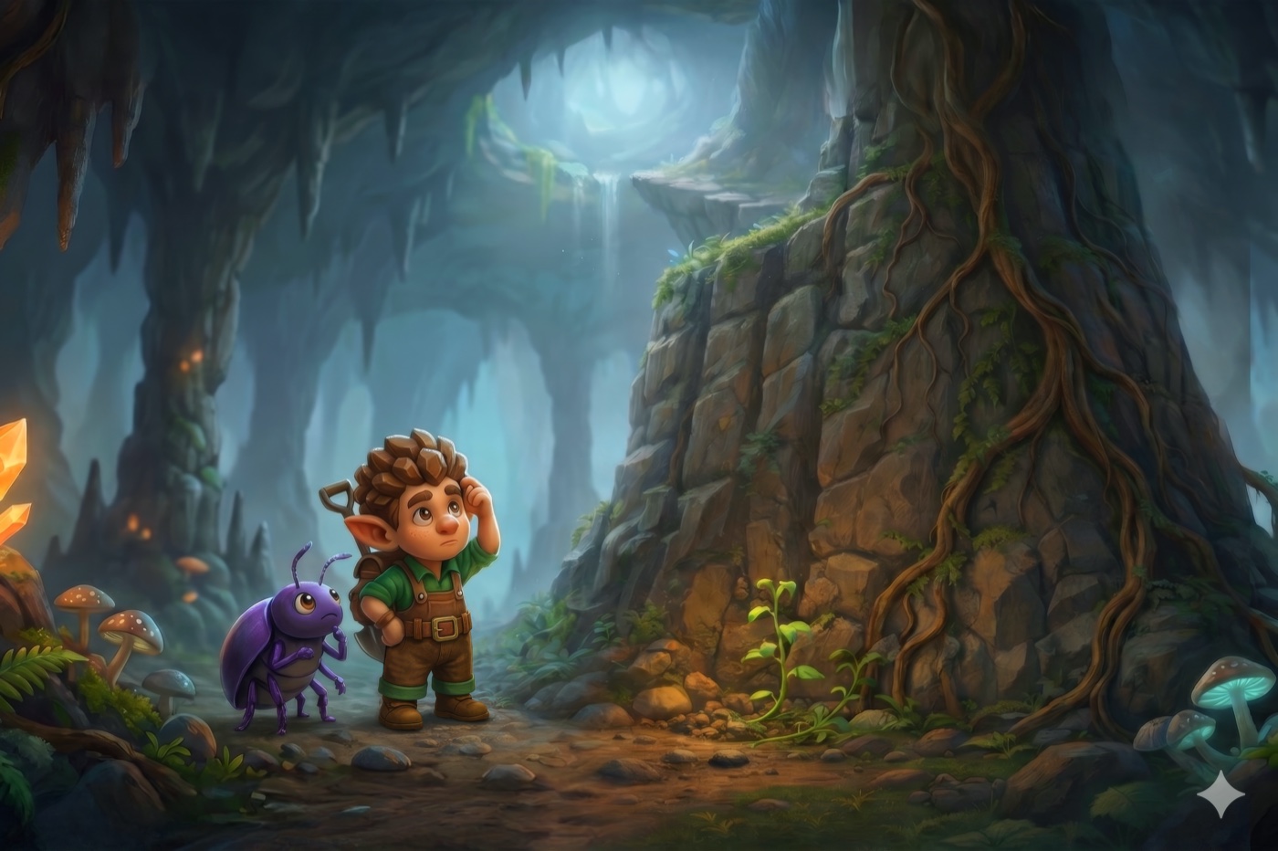 Mica and Flint look up toward a distant opening above a towering cavern.