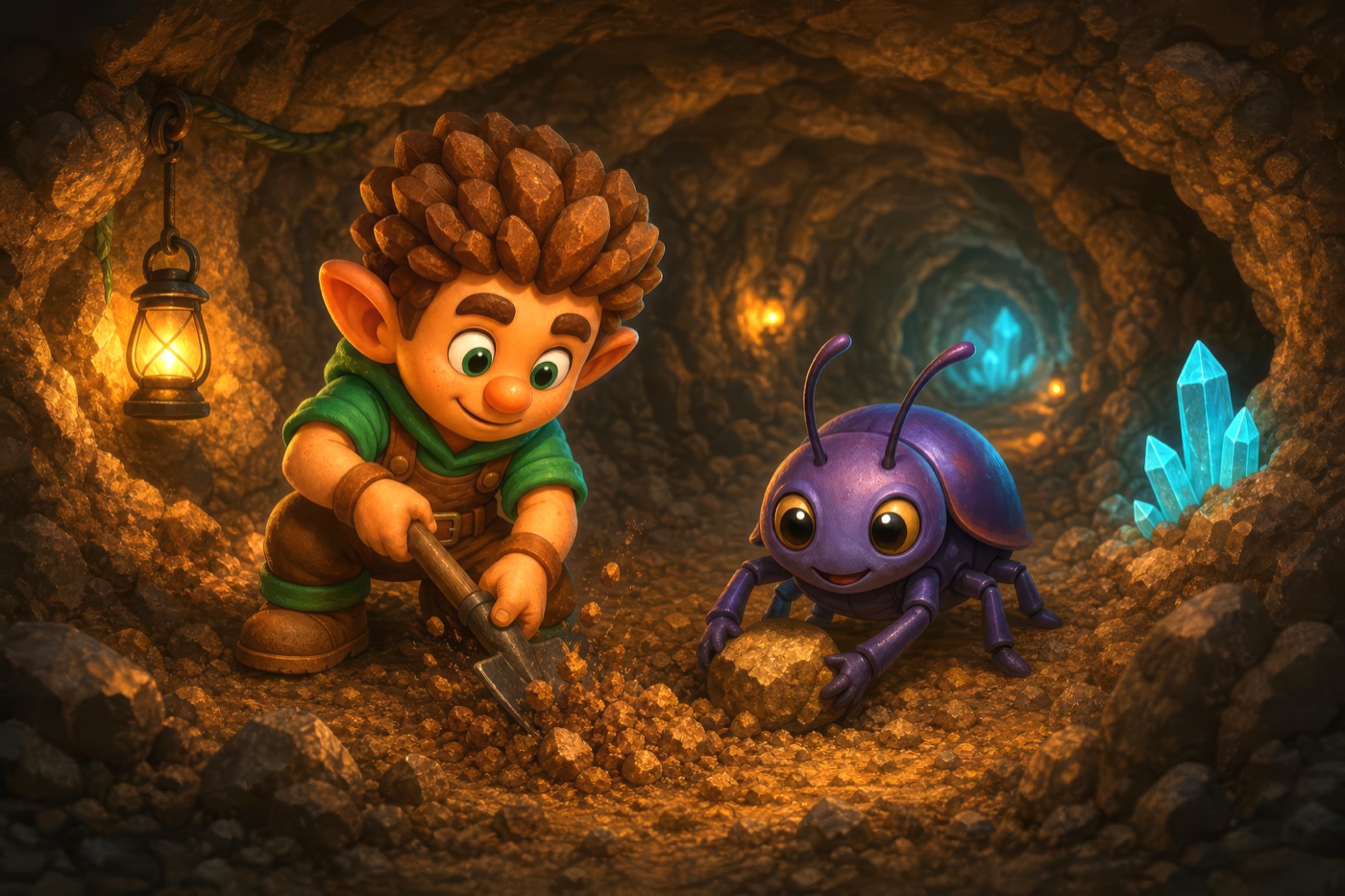 Mica and Flint dig together in a lantern-lit tunnel beside glowing blue crystals.